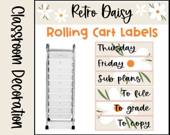 Retro Boho Daisy Themed 10-Drawer Rolling Cart Labels⎮Editable