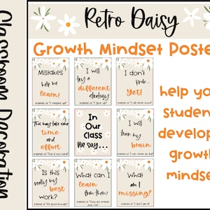 Retro Boho Daisy Themed Wachstum Mindset Poster Beruhigendes Klassenzimmer Dekor