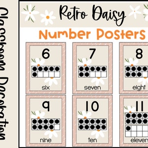 Retro Boho Daisy Themed Number Posters Calming Color Classroom Decor