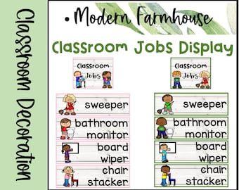 May include: Classroom jobs display with a modern farmhouse theme. The display features a set of cards with illustrations of children and text labels for various classroom jobs, including sweeper, bathroom monitor, board wiper, and chair stacker.