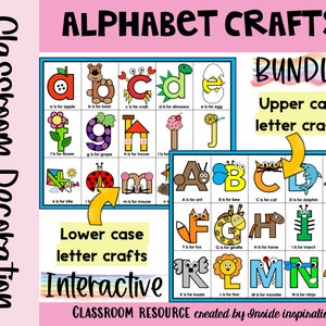 May include: A printable alphabet craft bundle for kids. The image shows two sets of alphabet letters, one in uppercase and one in lowercase. Each letter is paired with an image and a word that starts with that letter. The letters are colorful and fun, and the images are engaging for young learners. The text on the image reads "Alphabet Crafts Bundle", "Uppercase Letter Crafts", "Lowercase Letter Crafts", "Interactive", and "Classroom Resource created by Inside Inspiration".
