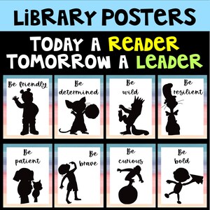 Carteles de la biblioteca del aula con siluetas y citas de personajes de libros, decoración del aula de regreso a la escuela imagen 2