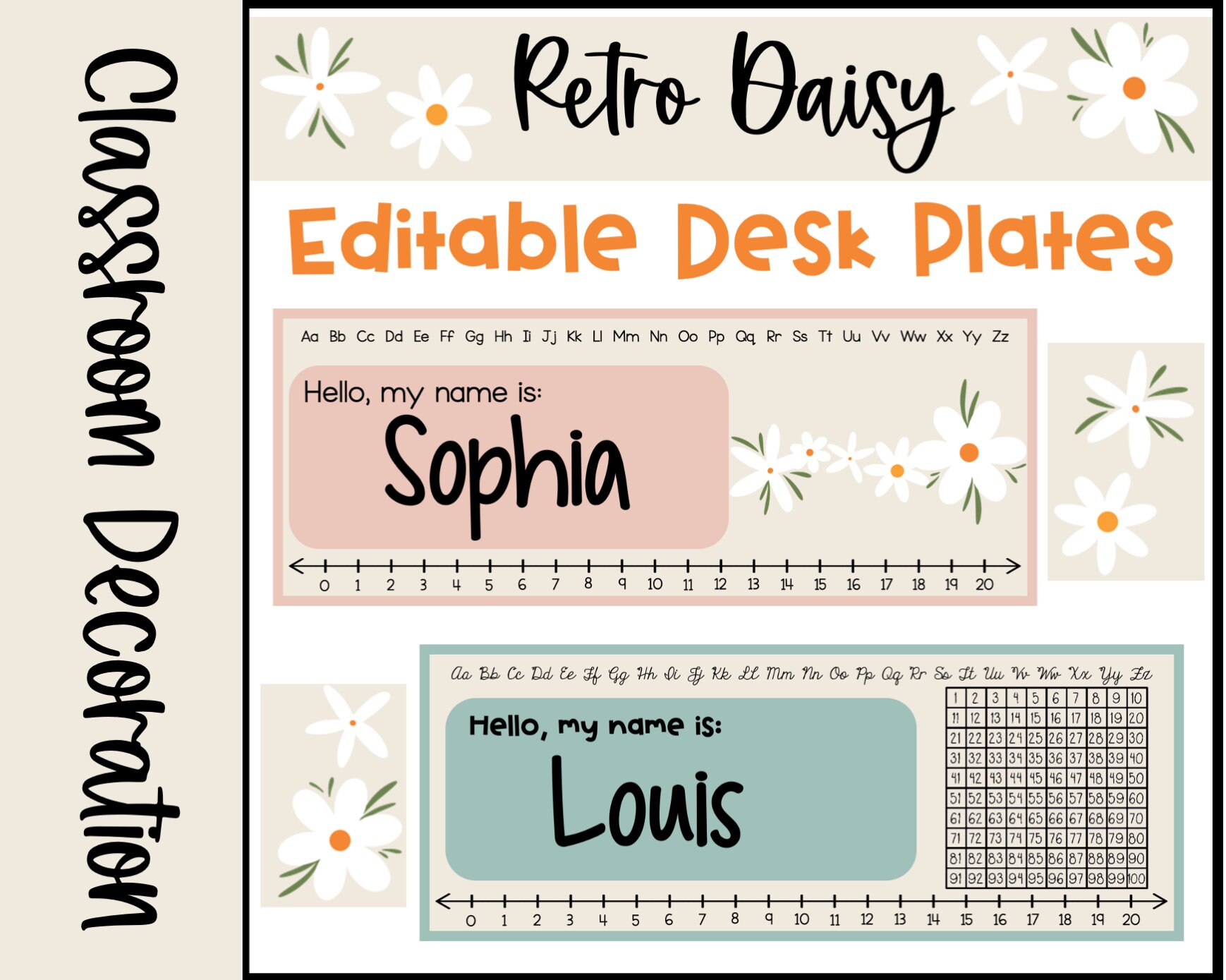 Retro Boho Daisy Themed Desk Plates Name Plates Calming Classroom Decor⎮Editable