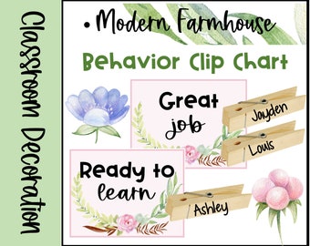 May include: A classroom behavior chart with a modern farmhouse theme. The chart has three pink and white cards with floral designs. The cards have the text "Great job", "Ready to learn", and "Ashley". There are three wooden clothespins with the names "Jayden", "Louis", and "Ashley" written on them.