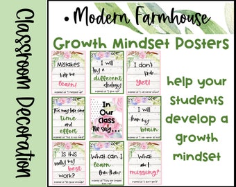 May include: Nine printable posters with a modern farmhouse theme featuring floral illustrations and encouraging growth mindset messages. The posters include phrases like "Mistakes help me learn!" and "I will try a different strategy."