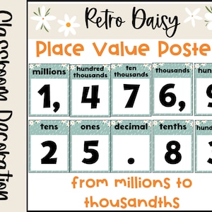 Retro Boho Daisy Themed Place Value Posters Calming Color Classroom Decor