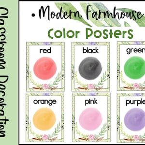 Modern Farmhouse Watercolored Color Posters Classroom Decor