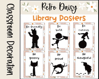 Retro Boho Daisy Classroom Library Posters with Book Character Silhouettes