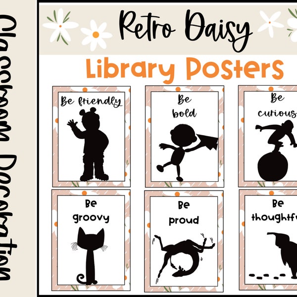 Retro Boho Daisy Classroom Library Posters with Book Character Silhouettes