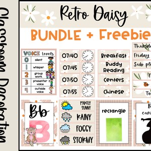 Retro Boho Daisy Themed Calming Color Classroom Decor Bundle Editable