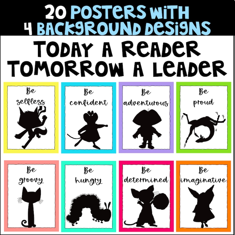 Carteles de la biblioteca del aula con siluetas y citas de personajes de libros, decoración del aula de regreso a la escuela imagen 3
