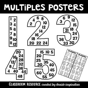 May include: Black and white printable posters featuring the numbers 1, 2, 3, 4, and 5 with their multiples listed inside each number. The text "MULTIPLES POSTERS" is at the top of the image. The text "CLASSROOM RESOURCE created by Inside inspiration" is at the bottom of the image.