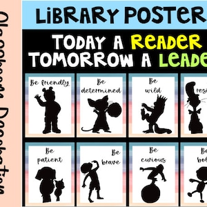 Carteles de la biblioteca del aula con siluetas y citas de personajes de libros, decoración del aula de regreso a la escuela imagen 1
