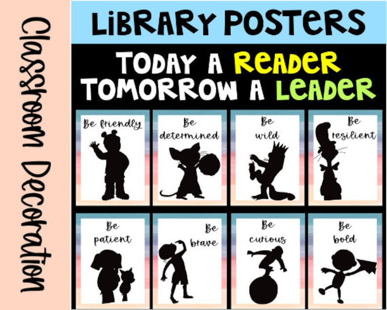 Carteles de la biblioteca del aula con siluetas y citas de personajes de libros, decoración del aula de regreso a la escuela imagen 1