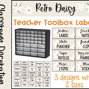 Retro Boho Daisy Themed Teacher Toolbox Labels⎮Editable