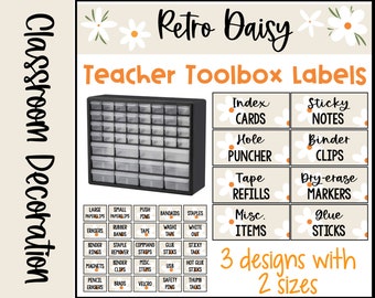 Retro Boho Daisy Themed Teacher Toolbox Labels⎮Editable