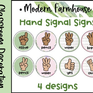 Modern Farmhouse Hand Signal Signs Calming Watercolor Classroom Decor