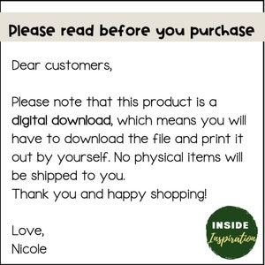 May include: A digital download notice with the text "Please read before you purchase" at the top. The text below explains that the product is a digital download and that no physical items will be shipped. The text ends with "Thank you and happy shopping!" and is signed "Love, Nicole".