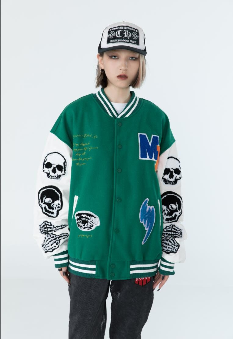 Blackair Furry Skull Patchwork Streetwear Baseball Varsity Etsy Finland