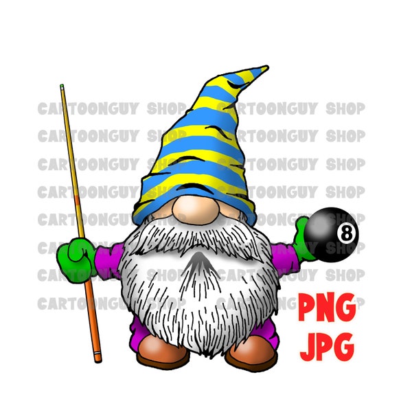 Billiards Clip Art - 8 Ball Gnome Clipart - PNG - JPG - Cartoon - Image - Icon - Digital Download.