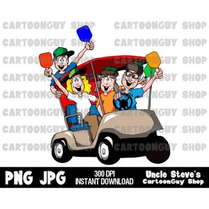 Pickleball Clip Art - Rodzina Pickleball w wózku golfowym - PNG - JPG - Sublimacja - Komiks - Obraz - Ikona - Pobieranie cyfrowe.
