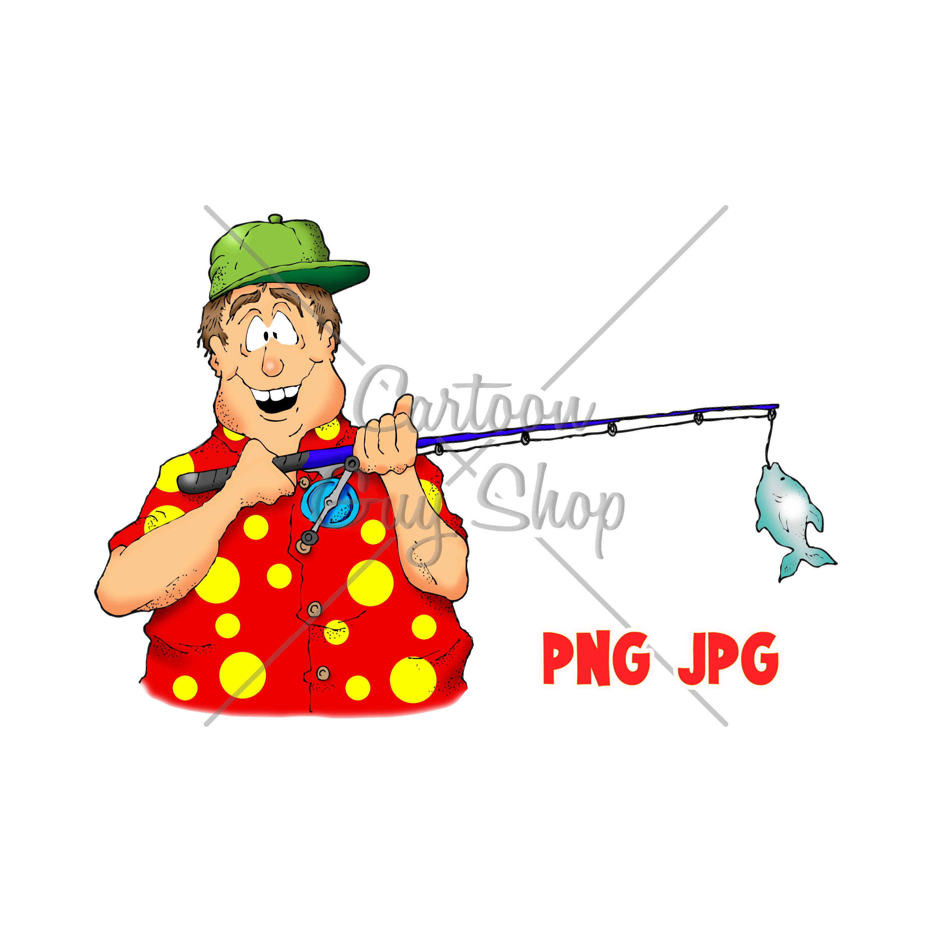 Happy Fisherman PNG - JPG - Cartoon Fishing Clipart - Digital Download.