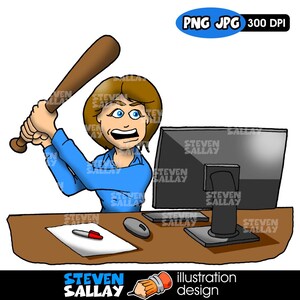 Pode incluir: Ilustração de desenho animado de uma pessoa prestes a bater em um monitor de computador com um bastão de beisebol. A pessoa está vestindo uma camisa azul e parece zangada. Uma mesa com um mouse, caneta e papel está na frente do monitor. Inclui o texto "STEVEN SALLAY".