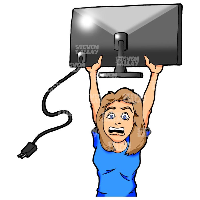 K&ouml;nnte beinhalten: Cartoon-Illustration einer Person, die einen gro&szlig;en Computermonitor &uuml;ber ihrem Kopf h&auml;lt. Der Monitor ist schwarz mit einem silbernen St&auml;nder. Die Person tr&auml;gt ein blaues Oberteil und hat einen &uuml;berraschten Gesichtsausdruck. Der Text "STEVEN SALLAY" ist auf dem Monitor zu sehen.