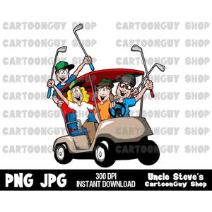 Grafika wektorowa przedstawiająca golfa – rodzina grająca w golfa w wózku golfowym – PNG – JPG – Sublimacja – Komiks – Obraz – Ikona – Pobieranie cyfrowe.