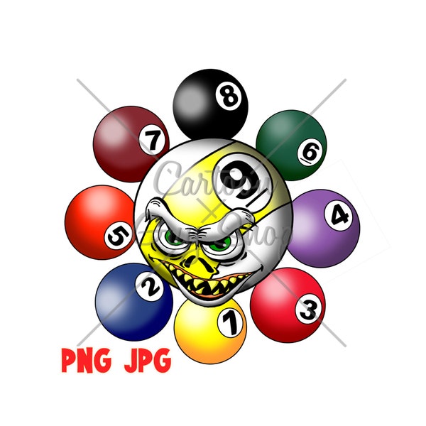 Billiards Clipart - Monster 9 Ball Rack - PNG - JPG - Cartoon - Image - Digital Download.