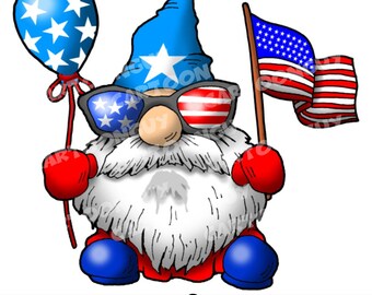 Peut inclure: Un gnome de dessin animé portant un chapeau bleu avec une étoile blanche, des gants rouges et des chaussures bleues. Le gnome porte des lunettes de soleil aux motifs du drapeau américain, tient un ballon bleu étoilé et un petit drapeau américain.