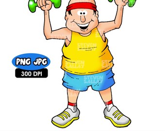 Imágenes prediseñadas de ejercicio: hombre levantando mancuernas - Fitness - PNG - JPG - Dibujos animados - Descarga digital.