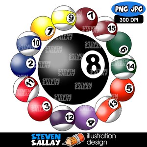 Puede incluir: Ilustraci&oacute;n digital de un conjunto de bolas de billar dispuestas en c&iacute;rculo alrededor de la bola negra n&uacute;mero 8. Cada bola es de un color diferente y est&aacute; numerada. La imagen incluye el texto "PNG JPG 300 DPI" y el nombre del artista.