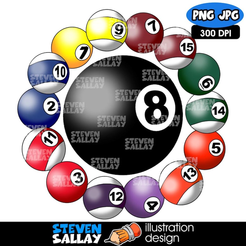 Puede incluir: Ilustraci&oacute;n digital de un conjunto de bolas de billar dispuestas en c&iacute;rculo alrededor de la bola negra n&uacute;mero 8. Cada bola es de un color diferente y est&aacute; numerada. La imagen incluye el texto "PNG JPG 300 DPI" y el nombre del artista.