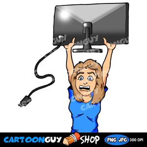 May include: Cartoon illustration of a person struggling to hold up a large, black computer monitor. The person is wearing a blue shirt and has a look of distress. A black power cord is attached to the monitor.