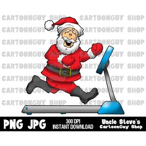 Kerstillustraties - kerstman op een loopband - png - jpg - sublimatie - tekenfilm - digitale download.