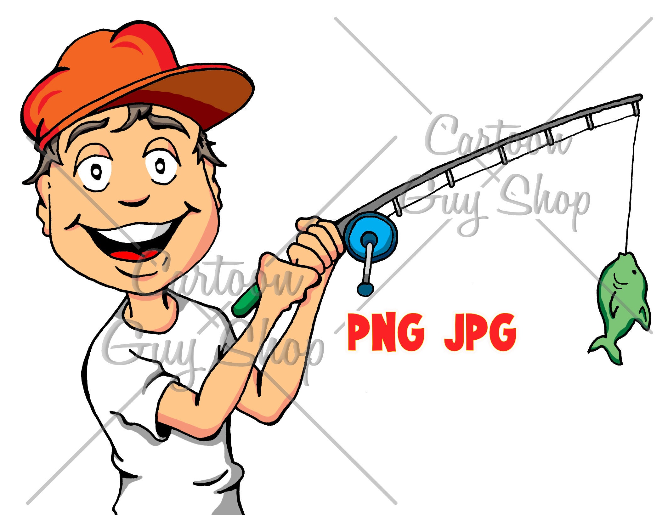Boy Fishing PNG - JPG - Cartoon Fishing Clipart - Digital Download.