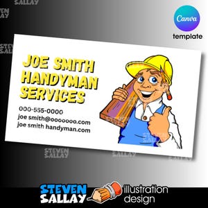 May include: Business card design for Joe Smith Handyman Services. The card features a cartoon handyman with a yellow hard hat, blue overalls, and a thumbs-up gesture. The text includes contact information and the business name.