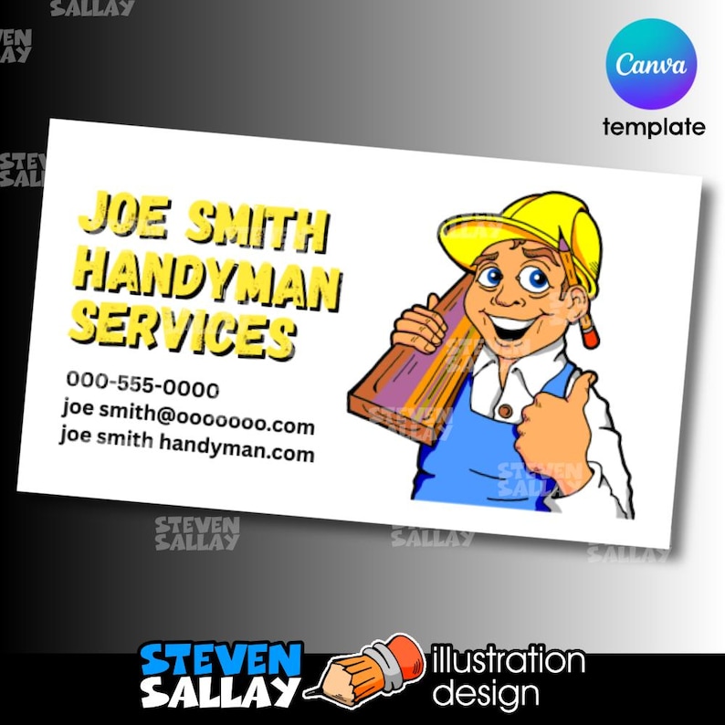 May include: Business card design for Joe Smith Handyman Services. The card features a cartoon handyman with a yellow hard hat, blue overalls, and a thumbs-up gesture. The text includes contact information and the business name.