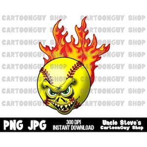 Softball Clip Art - Flammendes Monster Softball - PNG - JPG - Sublimation - Cartoon - Digital Download.