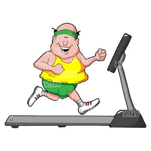 Puede incluir: Ilustraci&oacute;n de dibujos animados de una persona corriendo en una cinta de correr. La persona lleva una camiseta sin mangas amarilla, pantalones cortos verdes y una diadema verde. La cinta de correr es gris y negra. La imagen tiene el texto "STEVEN SALLAY".