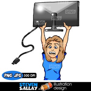 K&ouml;nnte beinhalten: Cartoon-Illustration einer Person, die einen Computermonitor &uuml;ber ihrem Kopf h&auml;lt. Die Person tr&auml;gt ein blaues Hemd und sieht beunruhigt aus. Der Monitor ist schwarz und tr&auml;gt den Text "STEVEN SALLAY". Das Bild enth&auml;lt auch den Text "PNG JPG 300 DPI".