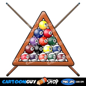 Puede incluir: Ilustración de dibujos animados de una configuración de billar. Un soporte triangular de madera sostiene quince bolas de billar numeradas en una formación triangular. Dos tacos de billar marrones se cruzan detrás del soporte. Las bolas son de varios colores.