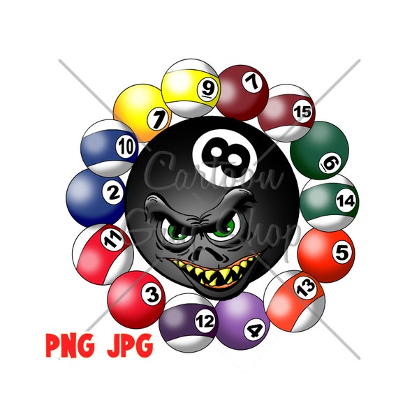 Billiards Clipart - Monster 8 Ball Rack - PNG - JPG - Cartoon - Image - Digital Download.