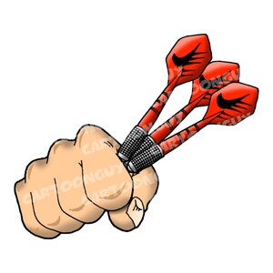 May include: Cartoon illustration of a hand holding three red darts. The darts have black accents and a logo on the fins. The hand is tan with shading and the text "CARTOONGUY" is visible.