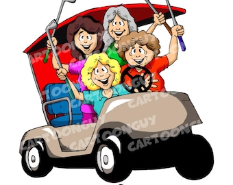 Lady Golfers Clip Art: Golf Cart Cartoon (Digital Download)
