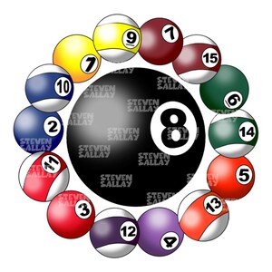 Puede incluir: Ilustraci&oacute;n gr&aacute;fica de un conjunto de bolas de billar dispuestas en c&iacute;rculo. La bola negra central presenta el n&uacute;mero 8 en blanco. Las bolas circundantes est&aacute;n numeradas del 1 al 15, en varios colores.