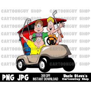 Grafika wektorowa przedstawiająca golfa – mężczyźni w wózku golfowym – PNG – JPG – Sublimacja – Komiks – Obraz – Ikona – Pobieranie cyfrowe.
