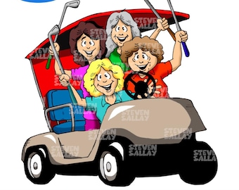 Imágenes prediseñadas de mujeres golfistas: Carrito de golf de dibujos animados (Descarga digital)