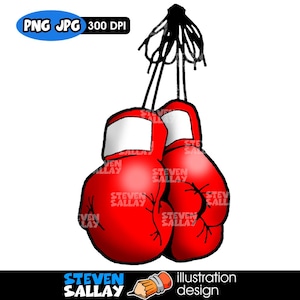 May include: A pair of red boxing gloves with white wristbands, hanging from black cords. The gloves have the text "STEVEN SALLAY" printed on them. The image also includes the text "PNG JPG 300 DPI" and "illustration design".